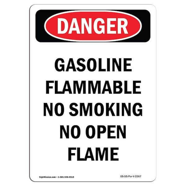 Safety Sign, OSHA Danger, 24" Height, Aluminum, Gasoline Flammable No Smoking, Portrait